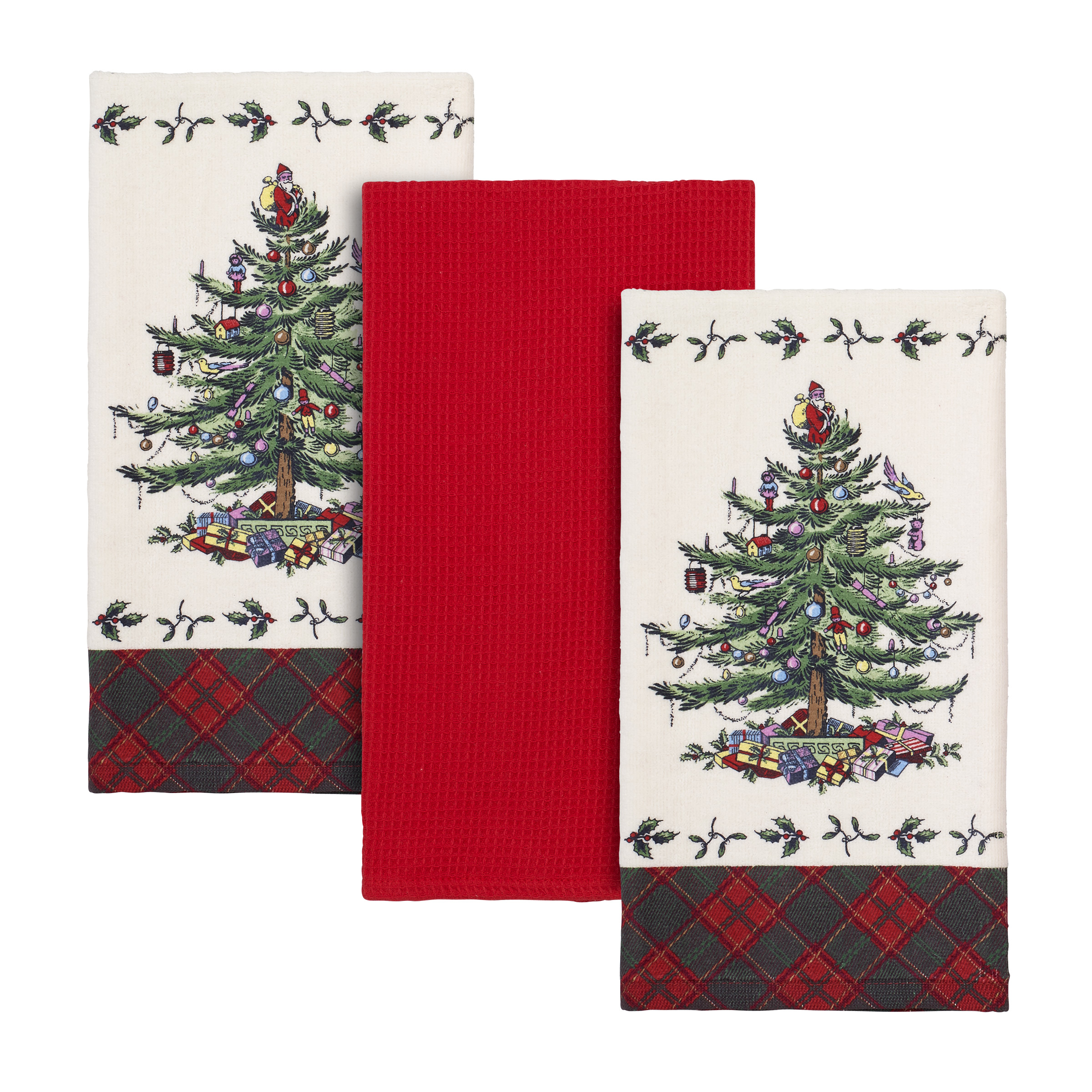 Christmas Tree Tartan Set of 3 Kitchen Towels image number null